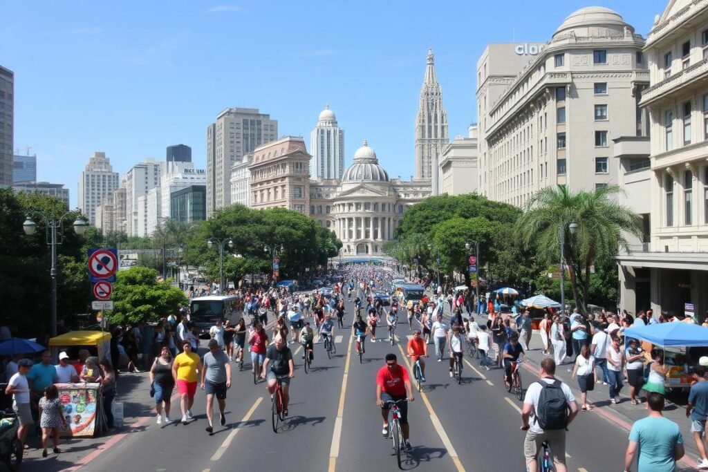 Avenida Paulista durante o domingo, quando é fechada para carros e se torna um espaço de lazer gratuito em São Paulo