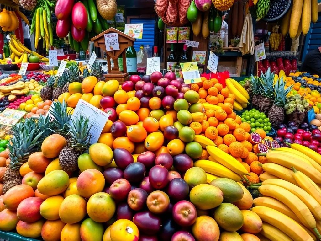 Bancas coloridas de frutas exóticas e produtos típicos no Mercadão de São Paulo Bancas coloridas de frutas exóticas e produtos típicos no Mercadão de São Paulo