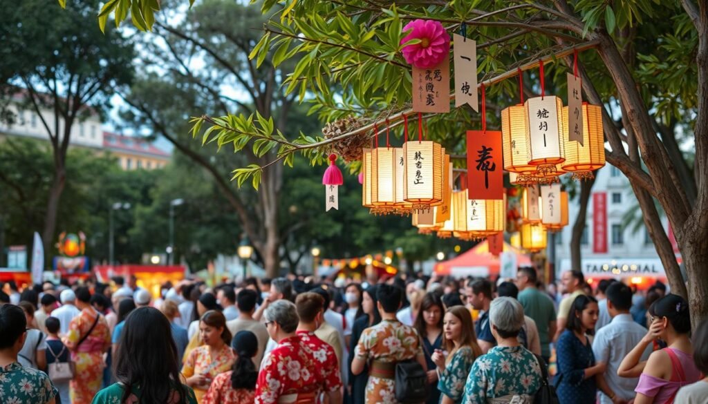 Celebração do Tanabata Matsuri (Festival das Estrelas) na Praça da Liberdade com decorações coloridas Celebração do Tanabata Matsuri (Festival das Estrelas) na Praça da Liberdade com decorações coloridas