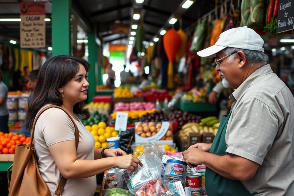 Cliente negociando preços com vendedor em uma banca do Mercadão de São Paulo Cliente negociando preços com vendedor em uma banca do Mercadão de São Paulo