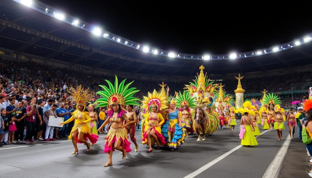 Desfile de escola de samba no Sambódromo do Anhembi durante o Carnaval de São Paulo