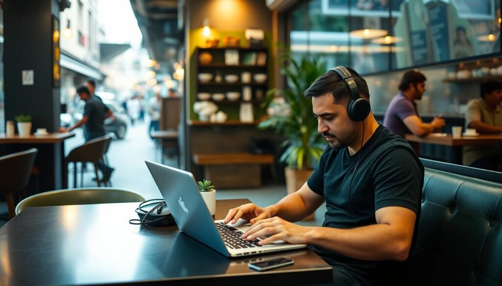 Empreendedor paulistano trabalhando em café Empreendedor paulistano trabalhando em café