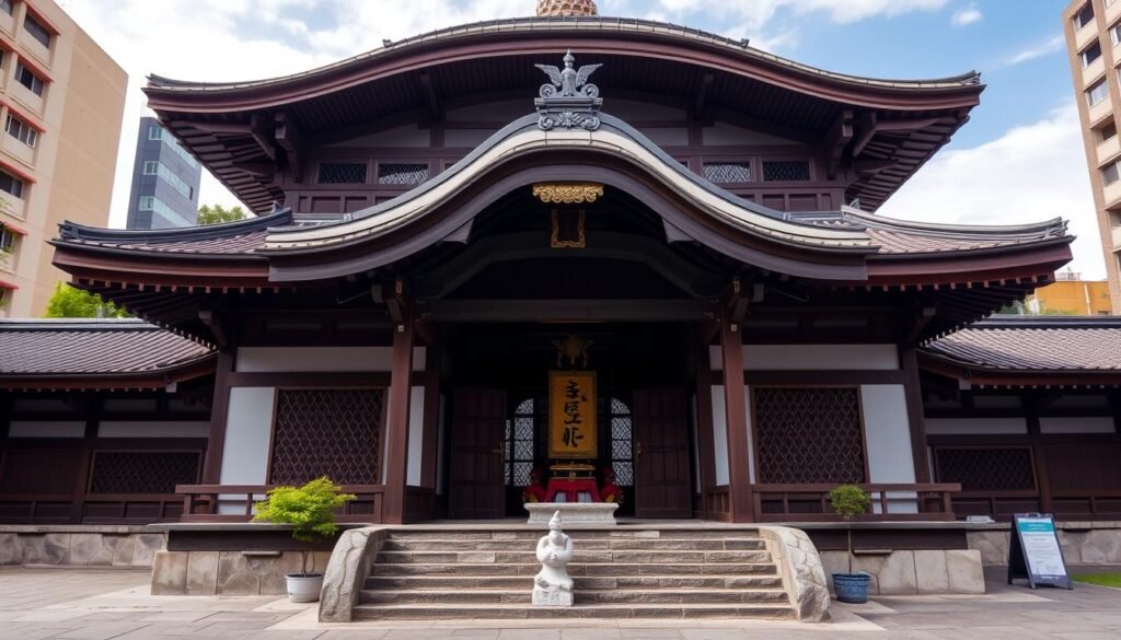 Fachada do Templo Busshinji no bairro da Liberdade com sua arquitetura tradicional japonesa Fachada do Templo Busshinji no bairro da Liberdade com sua arquitetura tradicional japonesa
