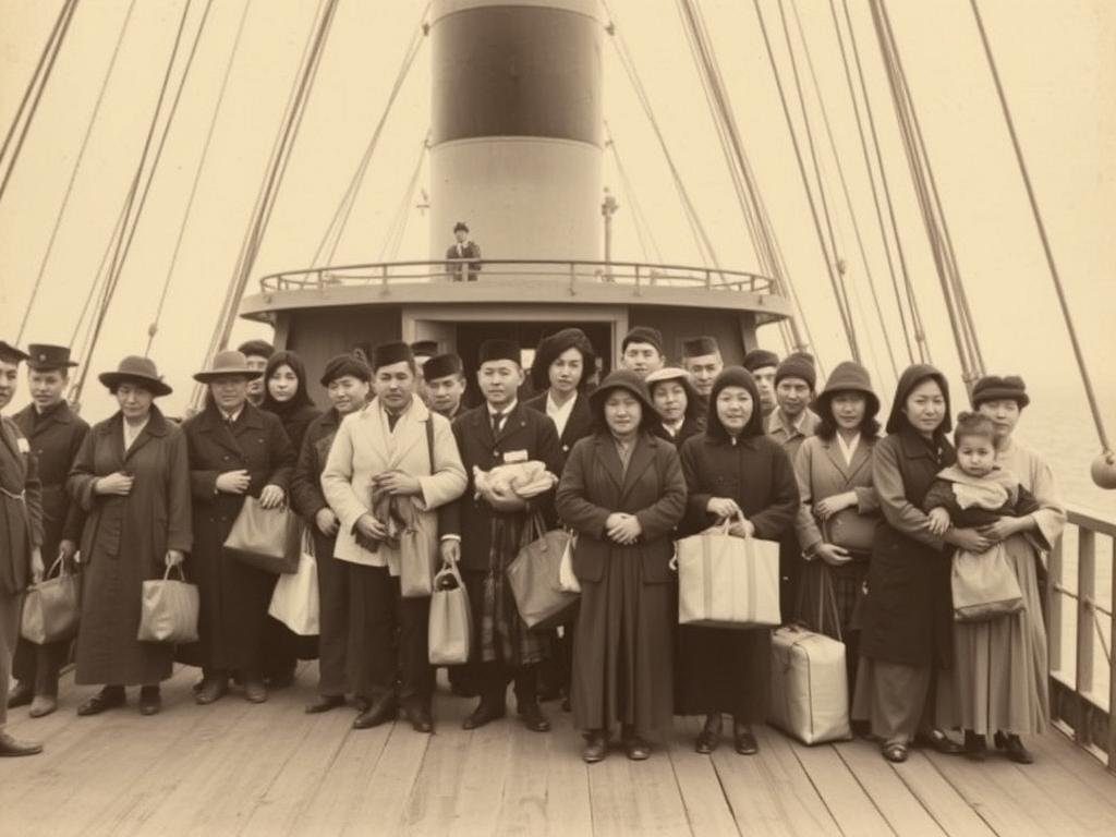 Foto histórica da chegada dos primeiros imigrantes japoneses ao Brasil no navio Kasato Maru em 1908 Foto histórica da chegada dos primeiros imigrantes japoneses ao Brasil no navio Kasato Maru em 1908