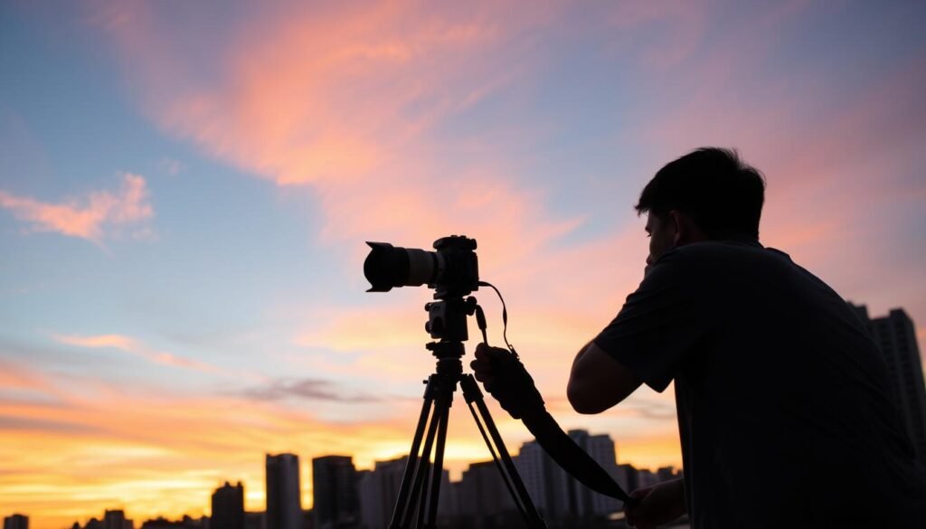 Fotógrafo capturando imagens em São Paulo com equipamento profissional, representando a prática do roteiro fotográfico São Paulo Fotógrafo capturando imagens em São Paulo com equipamento profissional, representando a prática do roteiro fotográfico São Paulo