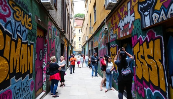 Grafites coloridos nas paredes do Beco do Batman em São Paulo, mostrando arte urbana vibrante em um roteiro fotográfico São Paulo