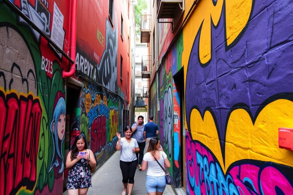 Grafites coloridos no Beco do Batman na Vila Madalena, um dos passeios gratuitos mais fotografados em São Paulo