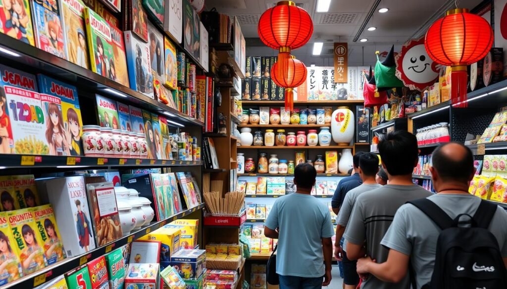 Interior de uma loja de produtos japoneses na Liberdade com grande variedade de itens Interior de uma loja de produtos japoneses na Liberdade com grande variedade de itens