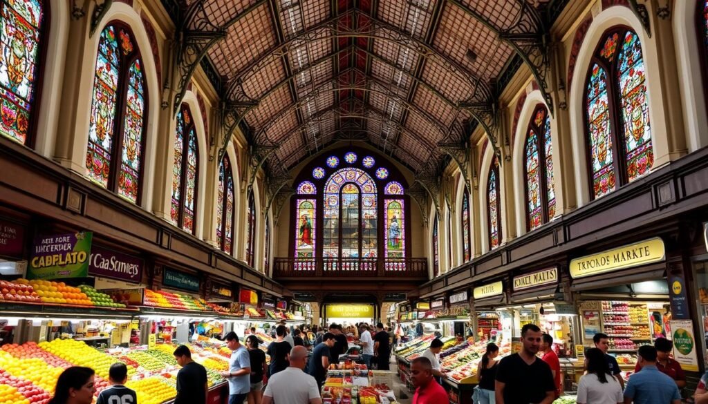 Interior do Mercado Municipal de São Paulo com suas bancas coloridas de frutas e produtos, um passeio gratuito imperdível