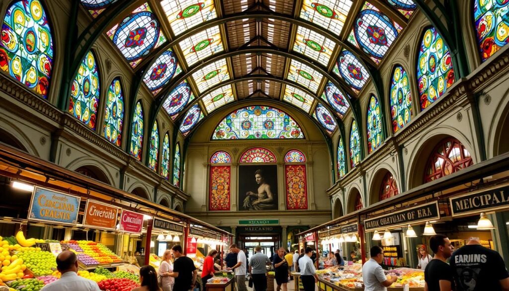 Interior do Mercado Municipal de São Paulo mostrando os vitrais coloridos, bancas de alimentos e a arquitetura histórica, ponto gastronômico no roteiro fotográfico São Paulo Interior do Mercado Municipal de São Paulo mostrando os vitrais coloridos, bancas de alimentos e a arquitetura histórica, ponto gastronômico no roteiro fotográfico São Paulo
