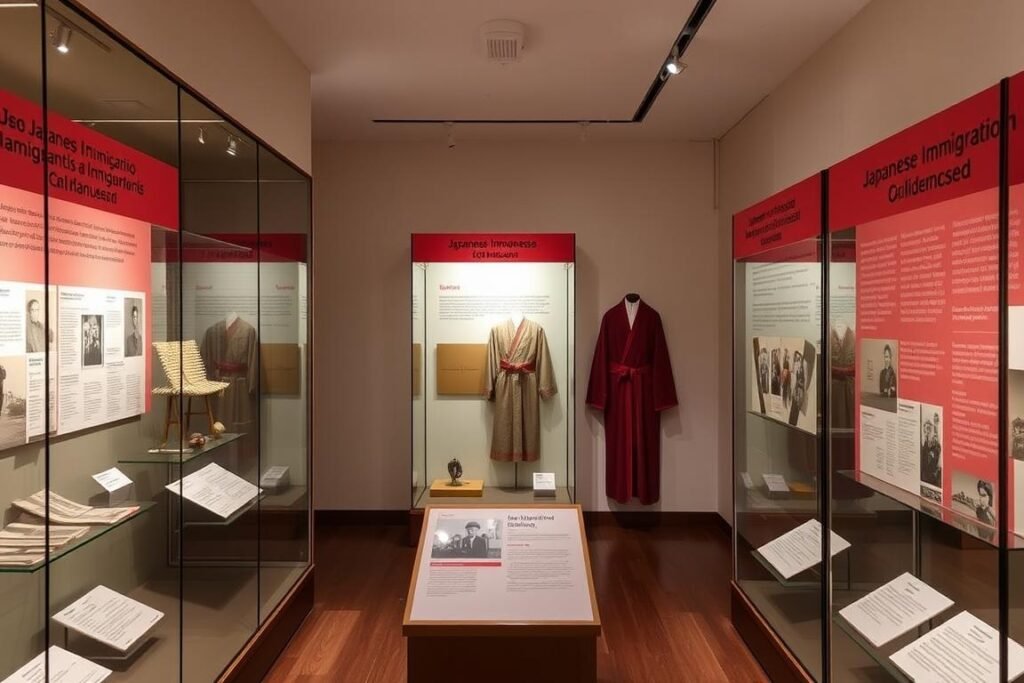 Interior do Museu Histórico da Imigração Japonesa no bairro da Liberdade com exposição de artefatos históricos Interior do Museu Histórico da Imigração Japonesa no bairro da Liberdade com exposição de artefatos históricos