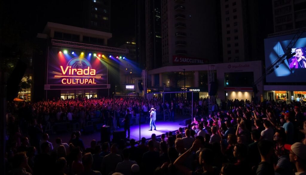 Multidão assistindo a um show noturno durante a Virada Cultural em São Paulo Multidão assistindo a um show noturno durante a Virada Cultural em São Paulo