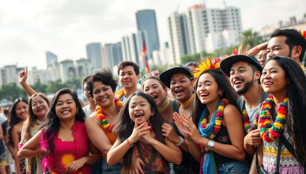 Pessoas de diversas origens celebrando juntas em uma festa cultural em São Paulo Pessoas de diversas origens celebrando juntas em uma festa cultural em São Paulo