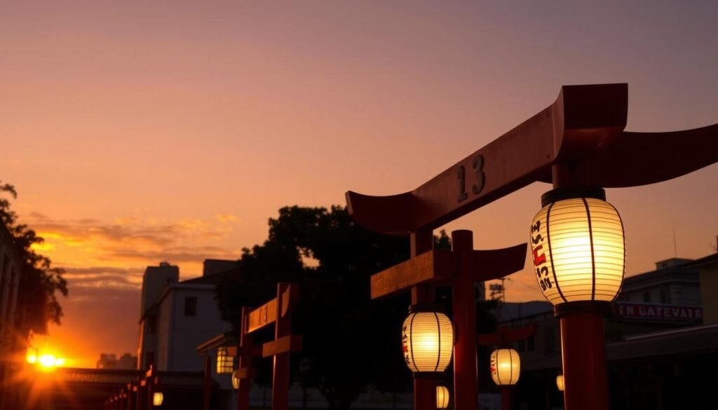 Pôr do sol na Liberdade com vista para os postes vermelhos e lanternas japonesas iluminadas Pôr do sol na Liberdade com vista para os postes vermelhos e lanternas japonesas iluminadas