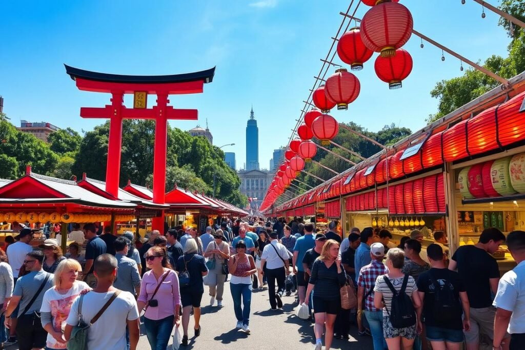 Praça da Liberdade em São Paulo com seus característicos postes vermelhos e lanternas japonesas durante a feira de final de semana Praça da Liberdade em São Paulo com seus característicos postes vermelhos e lanternas japonesas durante a feira de final de semana