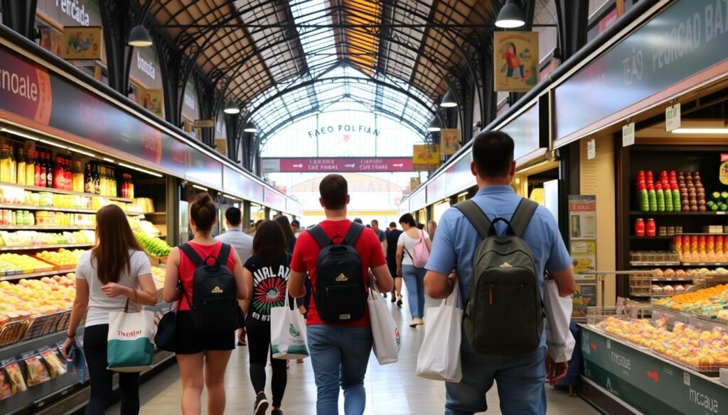 Turistas explorando o Mercadão de São Paulo com sacolas de compras Turistas explorando o Mercadão de São Paulo com sacolas de compras