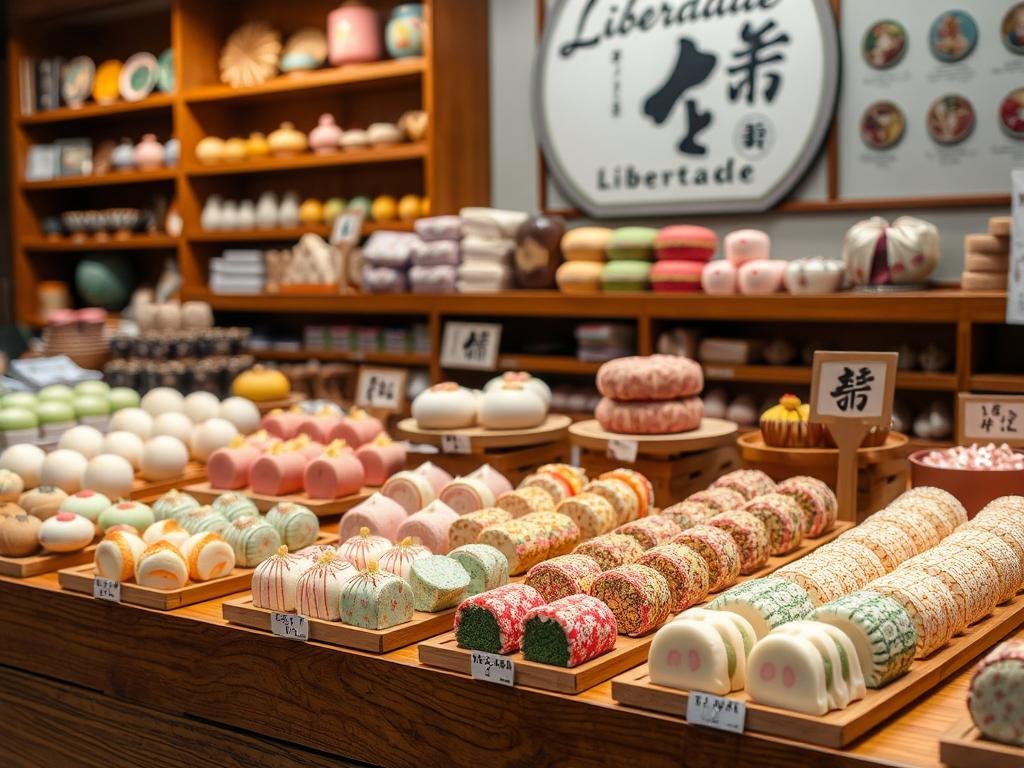 Variedade de doces japoneses tradicionais (wagashi) em uma confeitaria da Liberdade Variedade de doces japoneses tradicionais (wagashi) em uma confeitaria da Liberdade