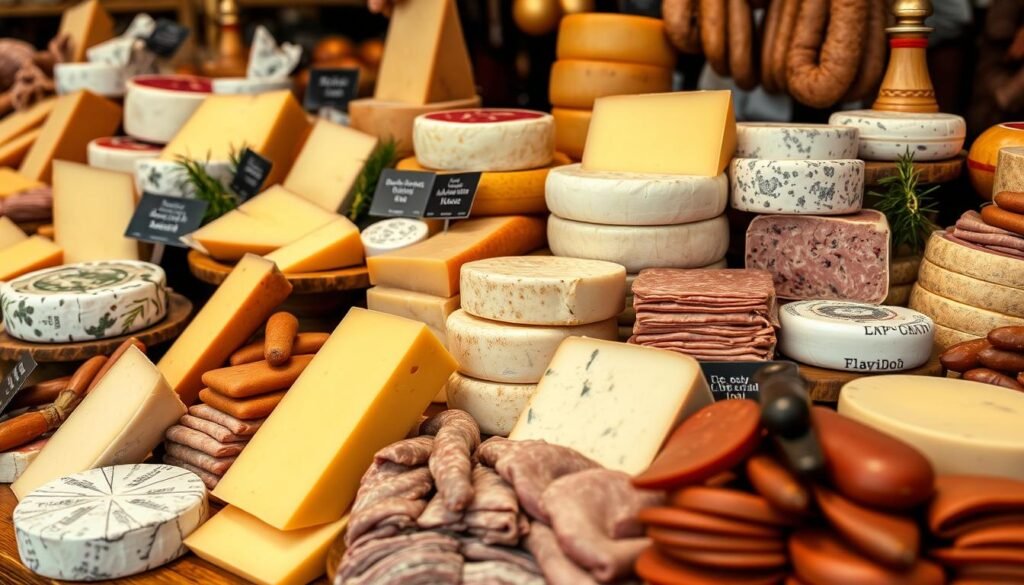 Variedade de queijos e embutidos especiais disponíveis no Mercadão de São Paulo Variedade de queijos e embutidos especiais disponíveis no Mercadão de São Paulo