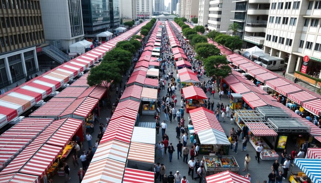 Vista aérea da Feira da Liberdade com suas barracas coloridas e grande movimento de visitantes Vista aérea da Feira da Liberdade com suas barracas coloridas e grande movimento de visitantes