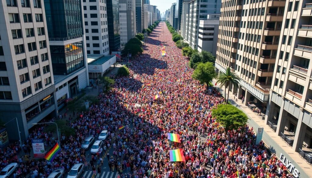 Vista da Avenida Paulista lotada durante a Parada do Orgulho LGBTQIA+ de São Paulo Vista da Avenida Paulista lotada durante a Parada do Orgulho LGBTQIA+ de São Paulo