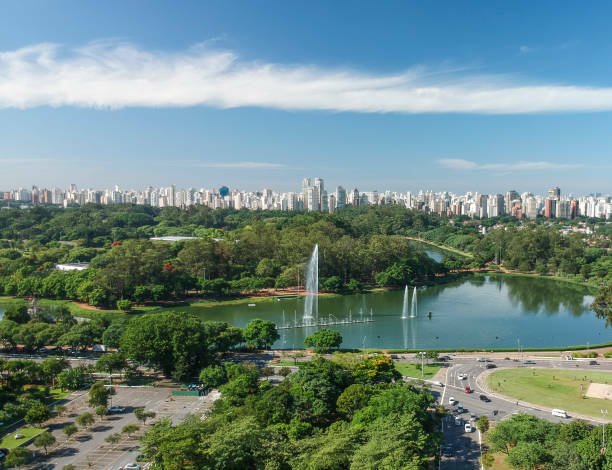 Vista do Parque Ibirapuera com o lago, ponte e prédios de Oscar Niemeyer ao fundo, local perfeito para um roteiro fotográfico São Paulo Vista do Parque Ibirapuera com o lago, ponte e prédios de Oscar Niemeyer ao fundo, local perfeito para um roteiro fotográfico São Paulo