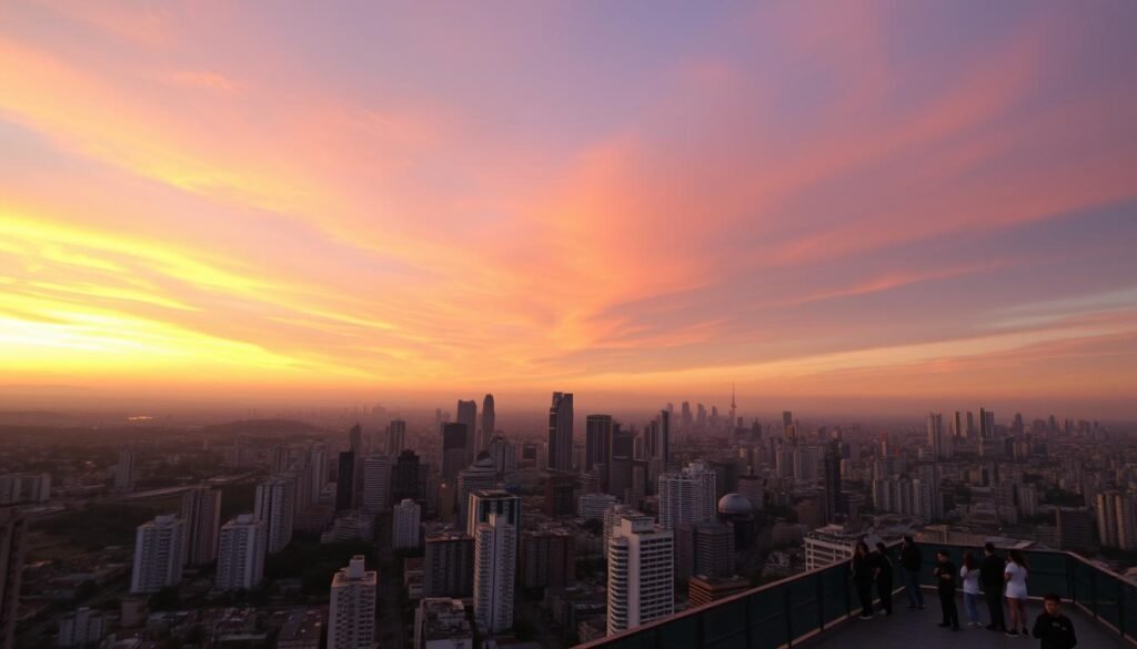 Vista panorâmica de São Paulo a partir do Mirante do SESC Paulista durante o pôr do sol, mostrando o horizonte urbano no roteiro fotográfico São Paulo Vista panorâmica de São Paulo a partir do Mirante do SESC Paulista durante o pôr do sol, mostrando o horizonte urbano no roteiro fotográfico São Paulo